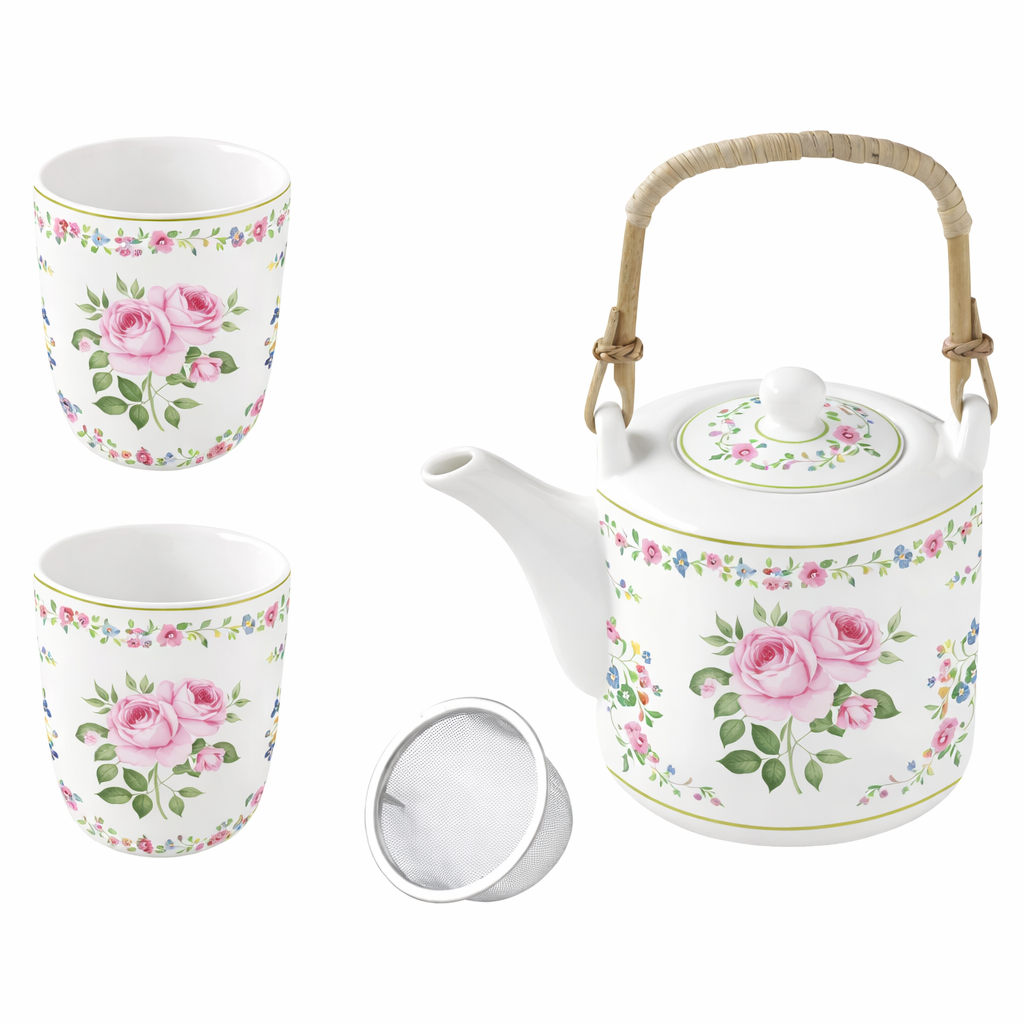 Pozzi Milano - Porcelain Teapot with Infuser & 2 cup Set - Chant Des Roses