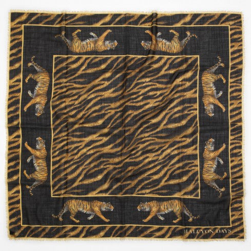 Halcyon Days - Tiger Black Scarf 120 X120cm in fine wool