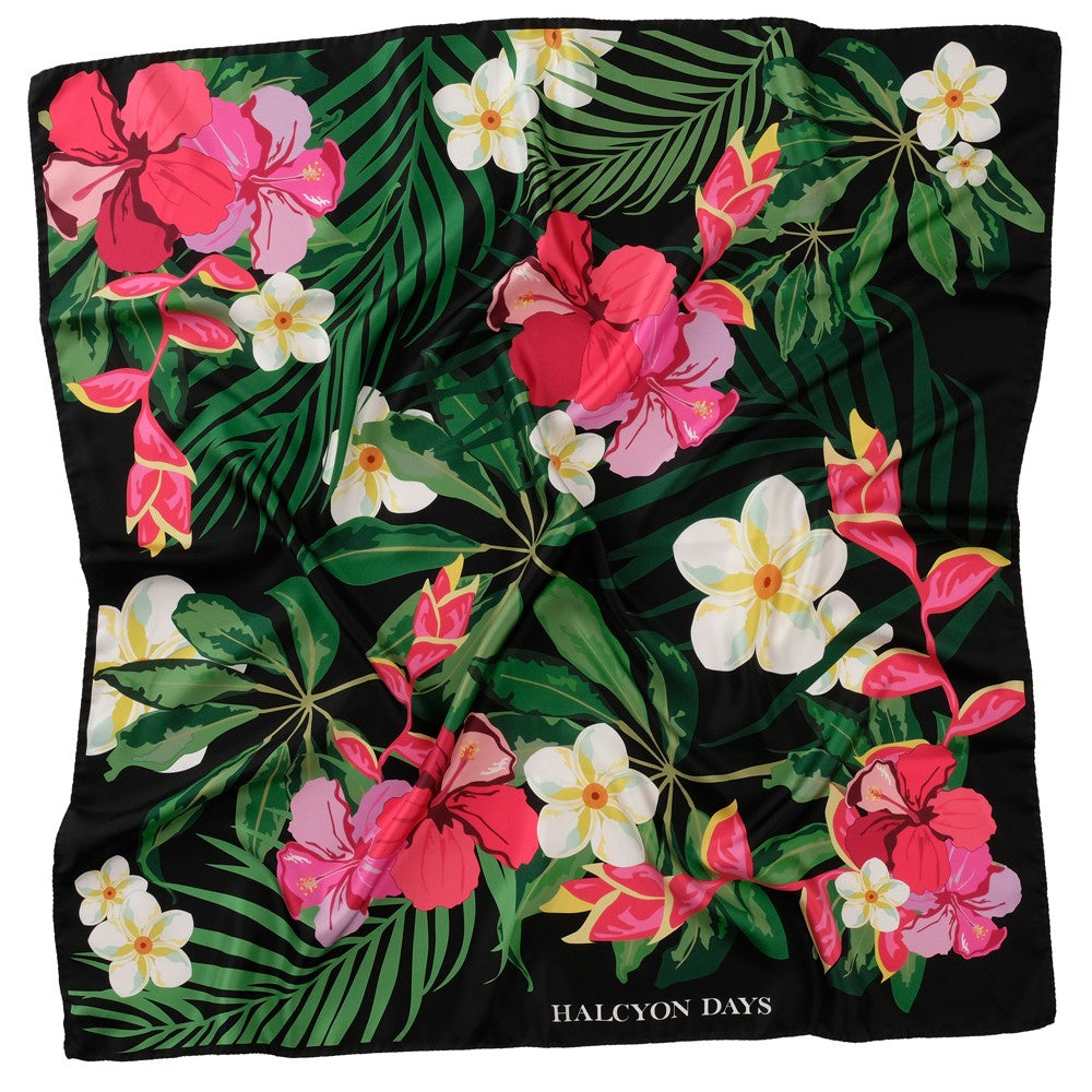 Halcyon Days - Tropical Flowers, Silk Scarf 90x90cm Black