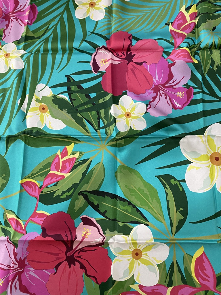 Halcyon Days – Tropical Flowers, Silk Scarf 90x90cm Turquoise