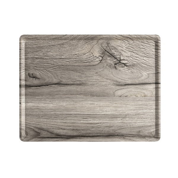 Wooden cutting board with a grayish-brown finish on a white background