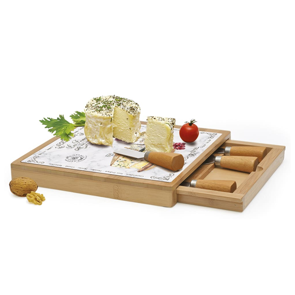 Pozzi Milano - Les Fromages Bamboo Cheese Board With Glass &4 Knives