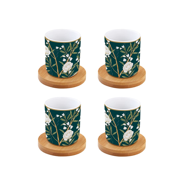 Pozzi Milano - Royal Peonies 4 Coffee Cups Set With Bamboo Saucers