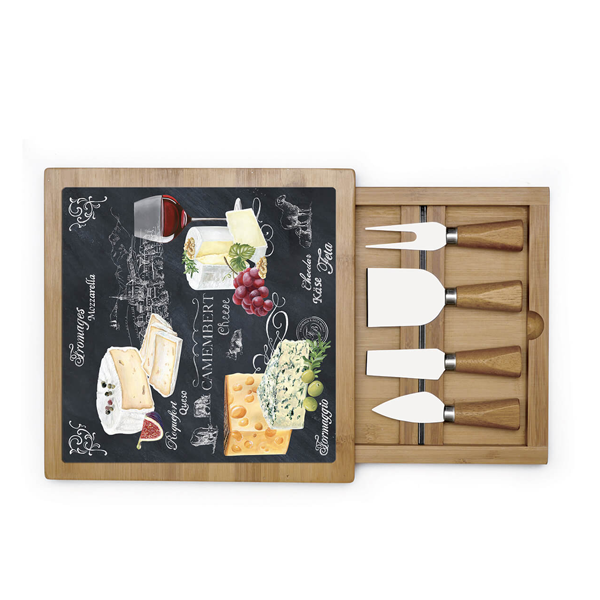 Pozzi Milano - World of Cheese Bamboo Cheese Board With Glass & 4 Knives