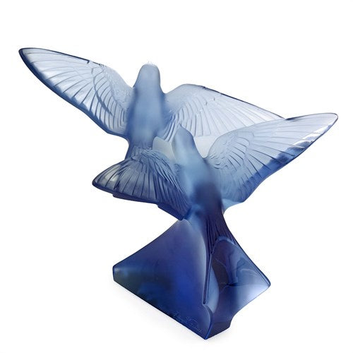 Lalique - 2 Swallows Small Sculpture Sapphire Blue