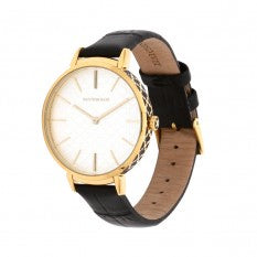 Halcyon Days - Agama Black Leather Strap Gold Watch With Pearl Charm